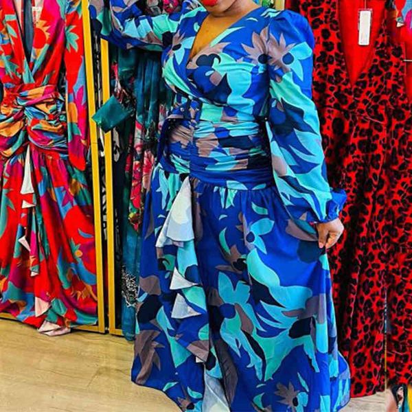 

casual dresses spring 2022 women's printed deep v split slim dress gown 9371, Black;gray