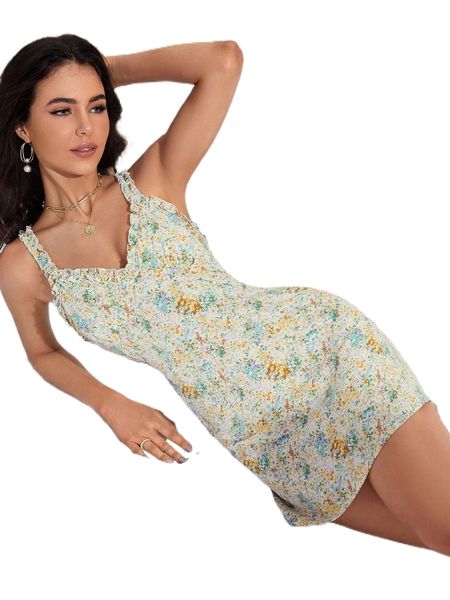

ditsy floral frill trim cami dress q97n#, Black;gray