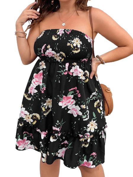 

plus floral print shirred frill trim tube dress e3f8#, Black