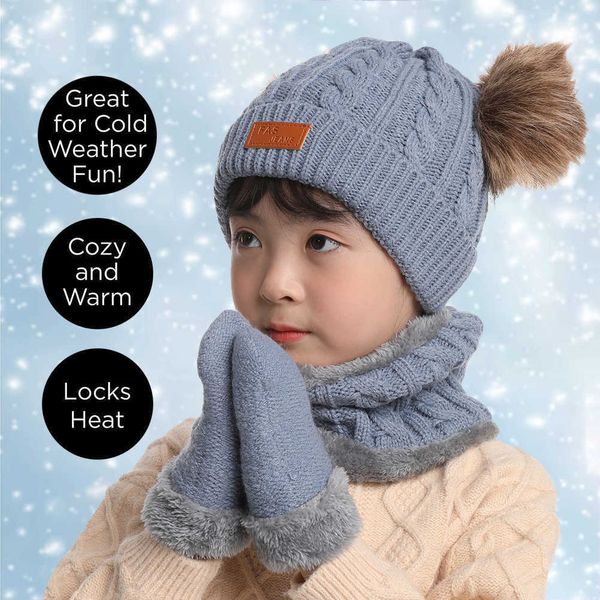 

3pcs baby winter female fur poms beanie hat scarf gloves set knitted fleece lined with pompoms soft warm cap for kids, Red;brown