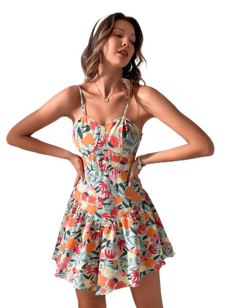 

floral print ruffle hem cami dress 47e3#, Black;gray