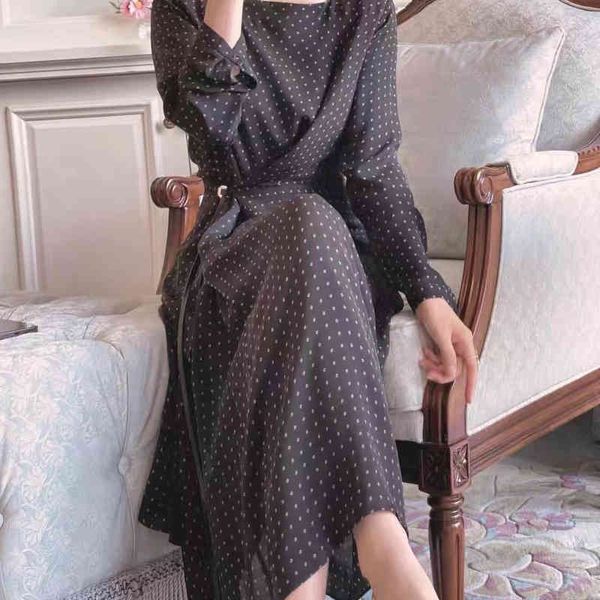 

casual dresses early spring light luxury gd asymmetric design wave dot mulberry silk medium long sleeve dress, Black;gray