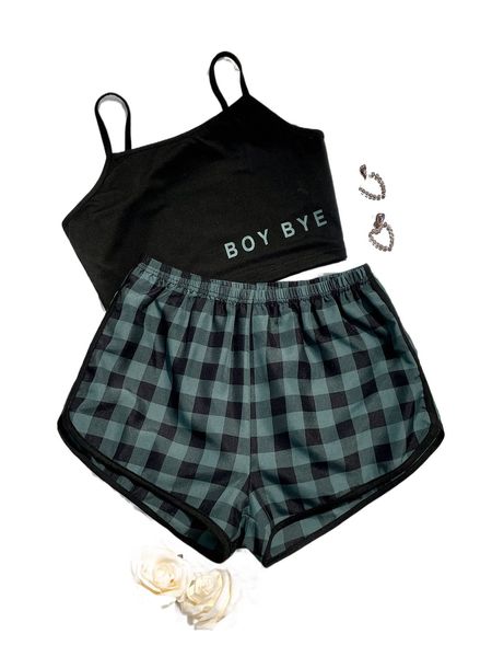 

letter graphic cami & gingham shorts pajama set p2jj#, Black;red
