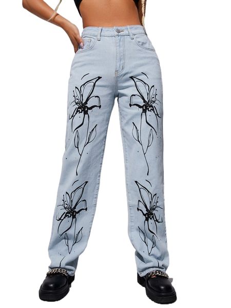 

floral print straight leg jeans n1vq#, Blue
