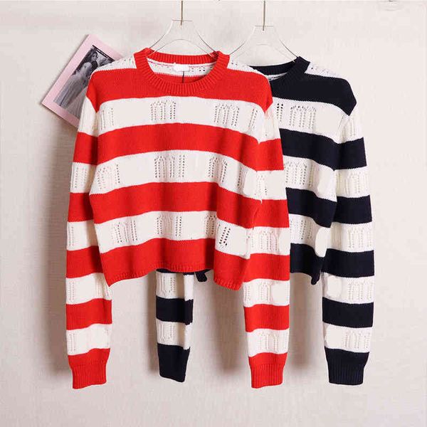 

women's knits & tees  family 21 autumn and winter color contrast stripe knitting embroidery pullover round neck long sleeve lazy style, White