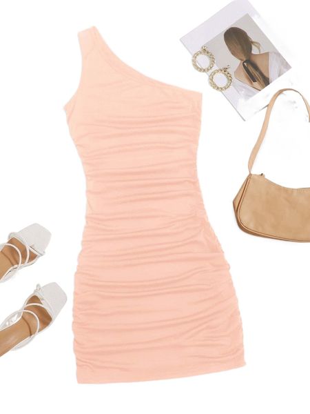 

one shoulder ruched bodycon dress i9zi#, Black;gray