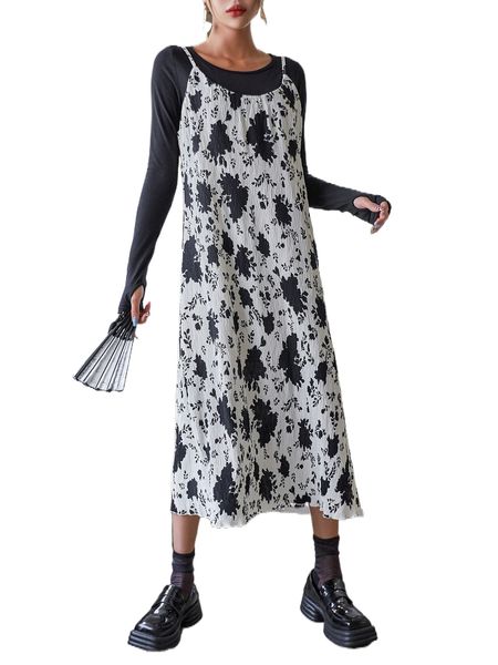 

dazy allover floral print plisse cami dress without tee k8g7#, Black;gray