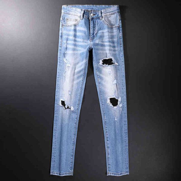 

men's jeans high street fashion brand light blue patched jeans with holes men's elastic slim leggings fh0v