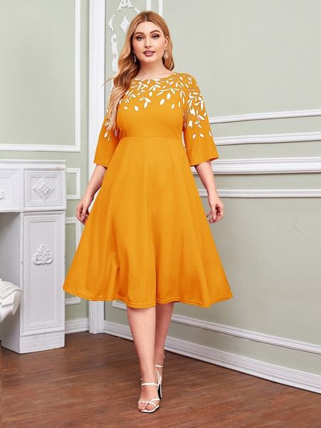 

plus leaf print fit & flare dress 28a3#, Black