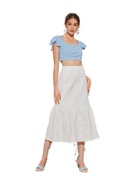

jacquard floral applique ruffle hem skirt w2im#, Black