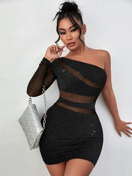 

sxy glitter contrast mesh one shoulder dress a4co#, Black;gray