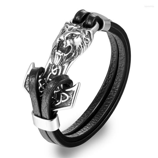 Bracelets de charme homens de alta qualidade aço inoxidável âncora leão manilhas de couro pulseira jóias de jóias