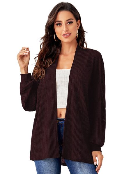 

drop shoulder waffle knit coat k5ui#, Black