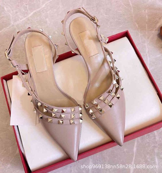 

sandals summer pointed baotou back empty thin belt rivet commuting high heel cowhide sandals for women, Black