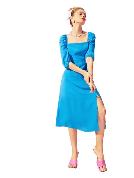 

x nini square neck puff sleeve split thigh dress 87jr#, Black;gray