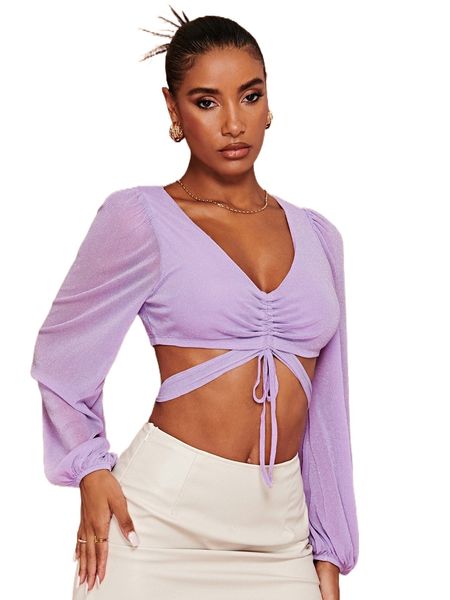 

drawstring front tie back glitter crop l2ak#, White