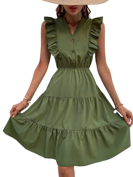 

solid flounce hem dress 421z#, Black;gray