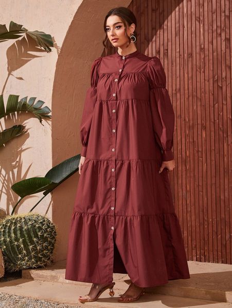 

gathered sleeve button front shirt dress w5jd#, Black;gray