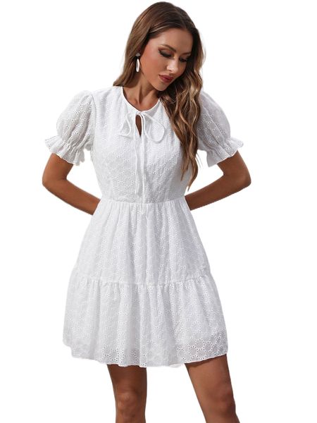 

puff sleeve eyelet embroidery tie front ruffle hem dress l9wq#, Black;gray