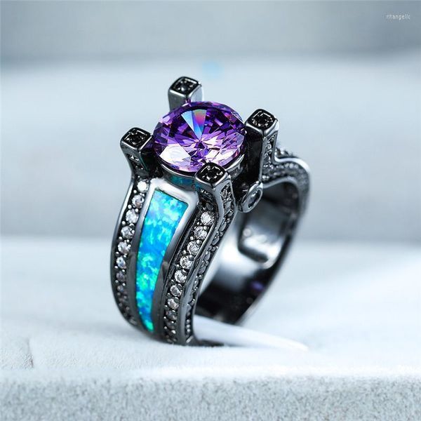 Anéis de casamento Boho Blue Opal Stone Ring Vintage Black Gold For Women Promise Love Purple Round Round Noivado Rita Rita22