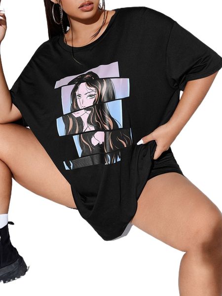 

plus figure graphic drop shoulder tee v6bp#, Black