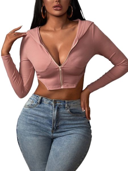

sxy zip up hooded asymmetrical hem crop 30wl#, White