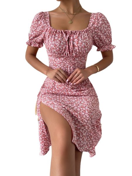 

puff sleeve ruched bust ditsy floral dress 49ih#, Black;gray