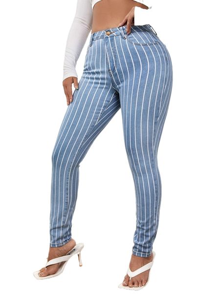 

sxy striped print high waist jeans b47f#, Blue