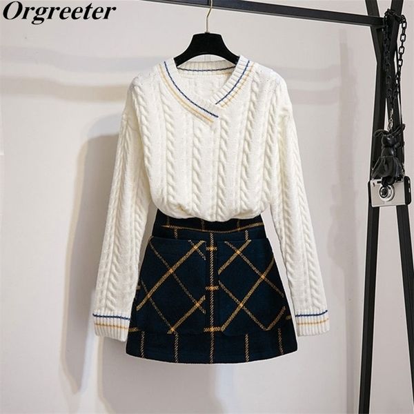 

fall winter new vneck thread jacquard white sweater and plaid woolen mini skirts 2 piece set women twinset girls students sets 201102