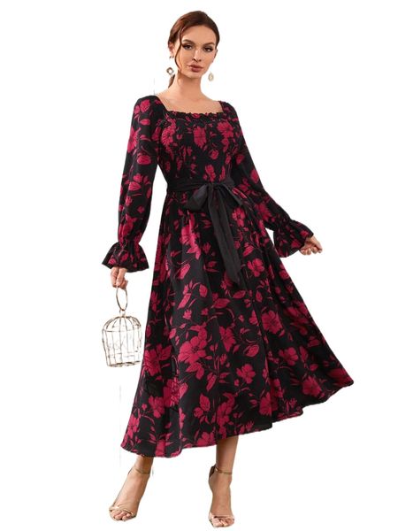 

frill trim shirred bodice floral dress with belt p54h#, Black;gray