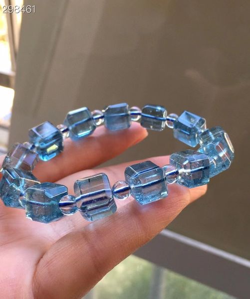 

natural blue z crystal clear cube round beads bracelet 10.1mm woman men blue z stretch genuine aaaaaa, Silver