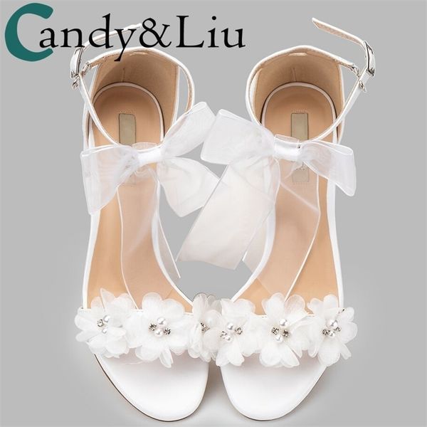 Womem Sandalet Beyaz Düğün Ayakkabıları Yaz Zarif Dantel Bowknot Tek Kelime Bilek Beyaz Çiçek Çıplak Ayak Tip Kalın Topuk Yeni Y200111