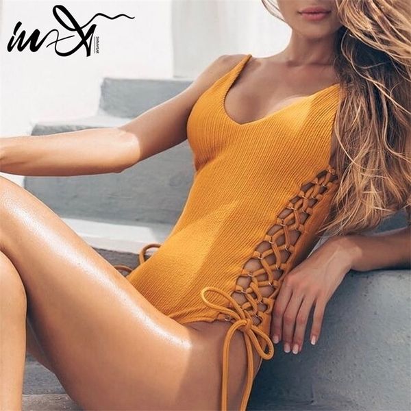 In x schnüren sexy bikini 2020 push up 1pc Badeanzug weiblich Monokini String gelbe Badebekleidung Frauen 1pc Anzüge Schwimmanzug T200708