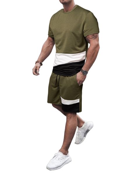 

men colorblock tee & drawstring waist shorts e1vo#, Gray