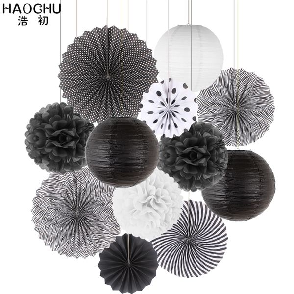 12pcSset Paper Lanterns Paper Fãs Rosetas de tecido Pom Pom Poms Flor de aniversário Casamento do chá de bebê Party Hanging Decoration 220527