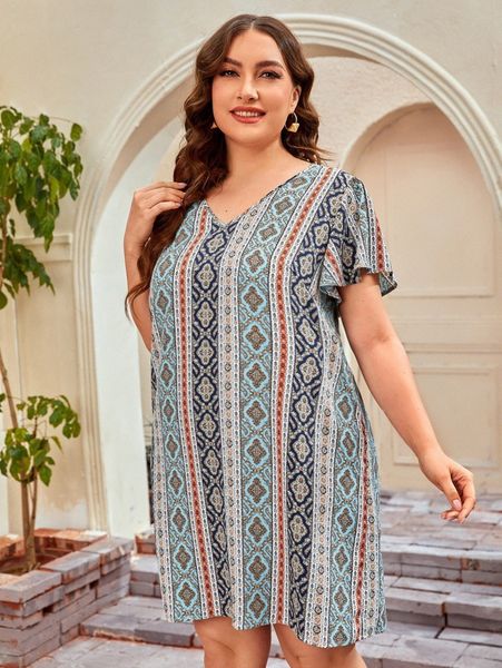 

plus v-neck geo print dress u7xm#, Black