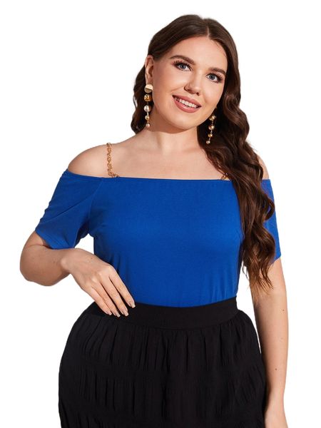 

plus chain strap cold shoulder tee j3ci#, Black