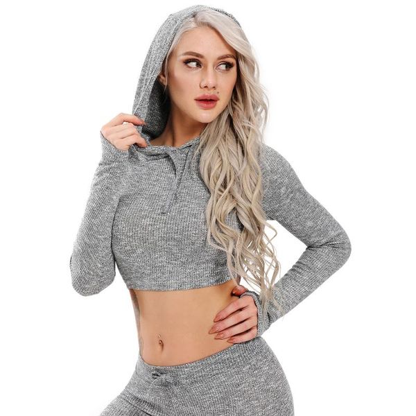 Damen T-Shirt Frauen Langarm Laufshirts Hoodie Strick T-Shirts Sexy Crop Tops für Sport Fitness Gym Femme Jersey Push Up ActivewearW