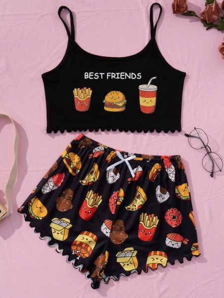 

letter & cartoon graphic pj set v6s9#, Black;red