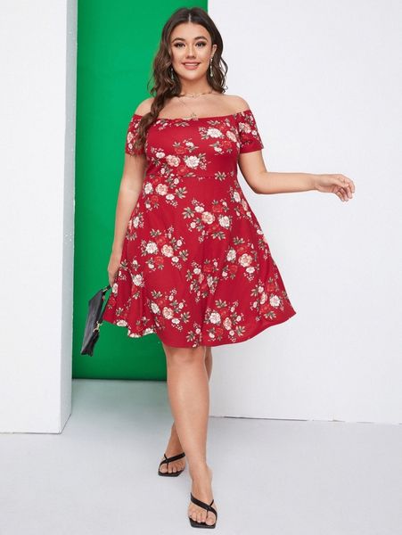 

plus floral print off shoulder dress 91wk#, Black