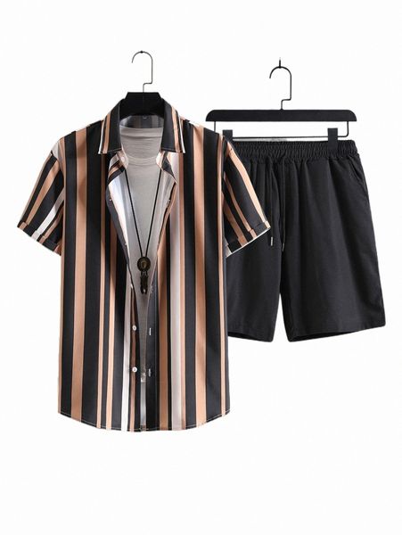 

men striped shirt & solid shorts without tee 98zt#, Gray