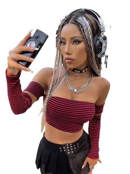 

striped off shoulder crop & arm sleeves i1vi#, White