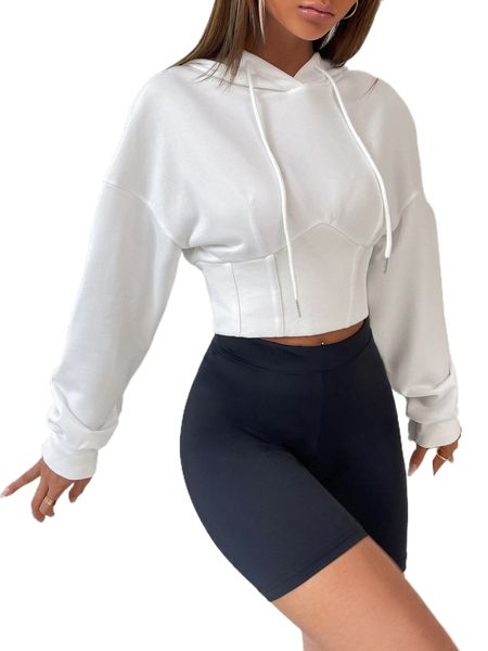 

drop shoulder drawstring hoodie 06xc#, Black