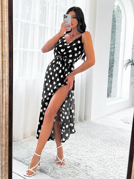 

random polka knot front dot split thigh cami dress h8bt#, Black;gray