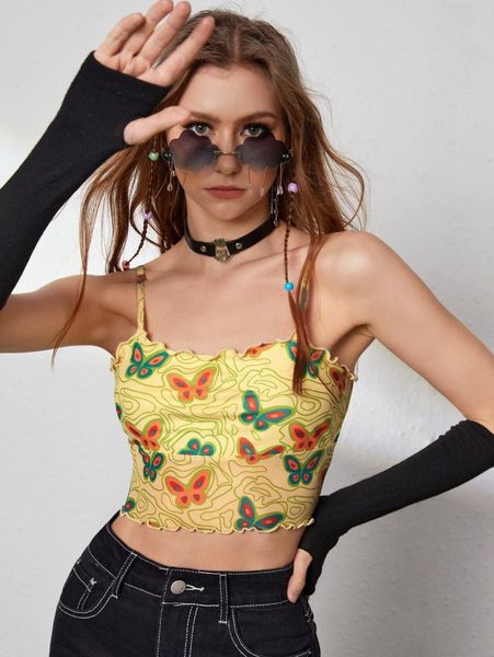 

butterfly print lettuce trim crop cami q04f#, White