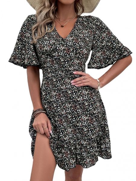 

ditsy floral flounce sleeve ruffle hem dress m1me#, Black;gray