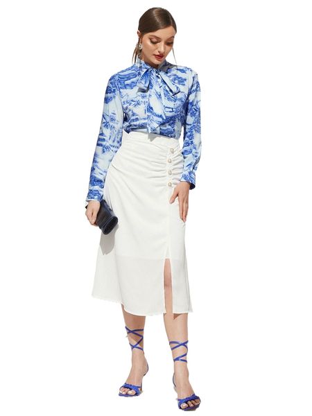 

tie neck landscape blouse & ruched skirt j1jq#, White