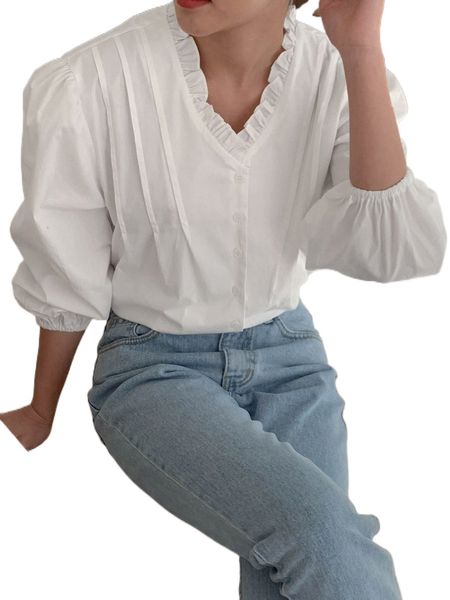 

dazy button front frill trim fold pleated puff sleeve blouse l5rd#, White