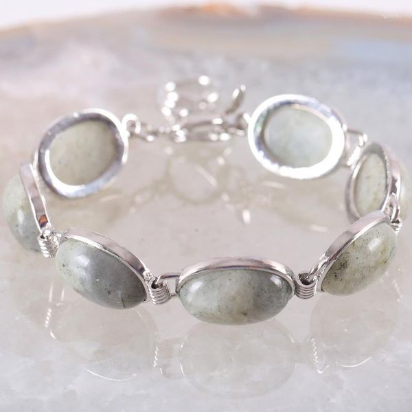 Bracciale gioielli fatti a mano con catena a maglia per donna ovale CAB perline cabochon grigio naturale labradorite regolabile 7.5 