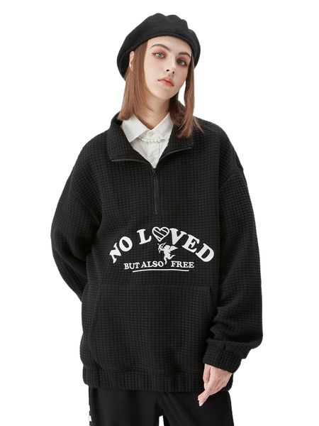 

slogan embroidery zipper front waffle knit sweatshirt p3hm#, Black